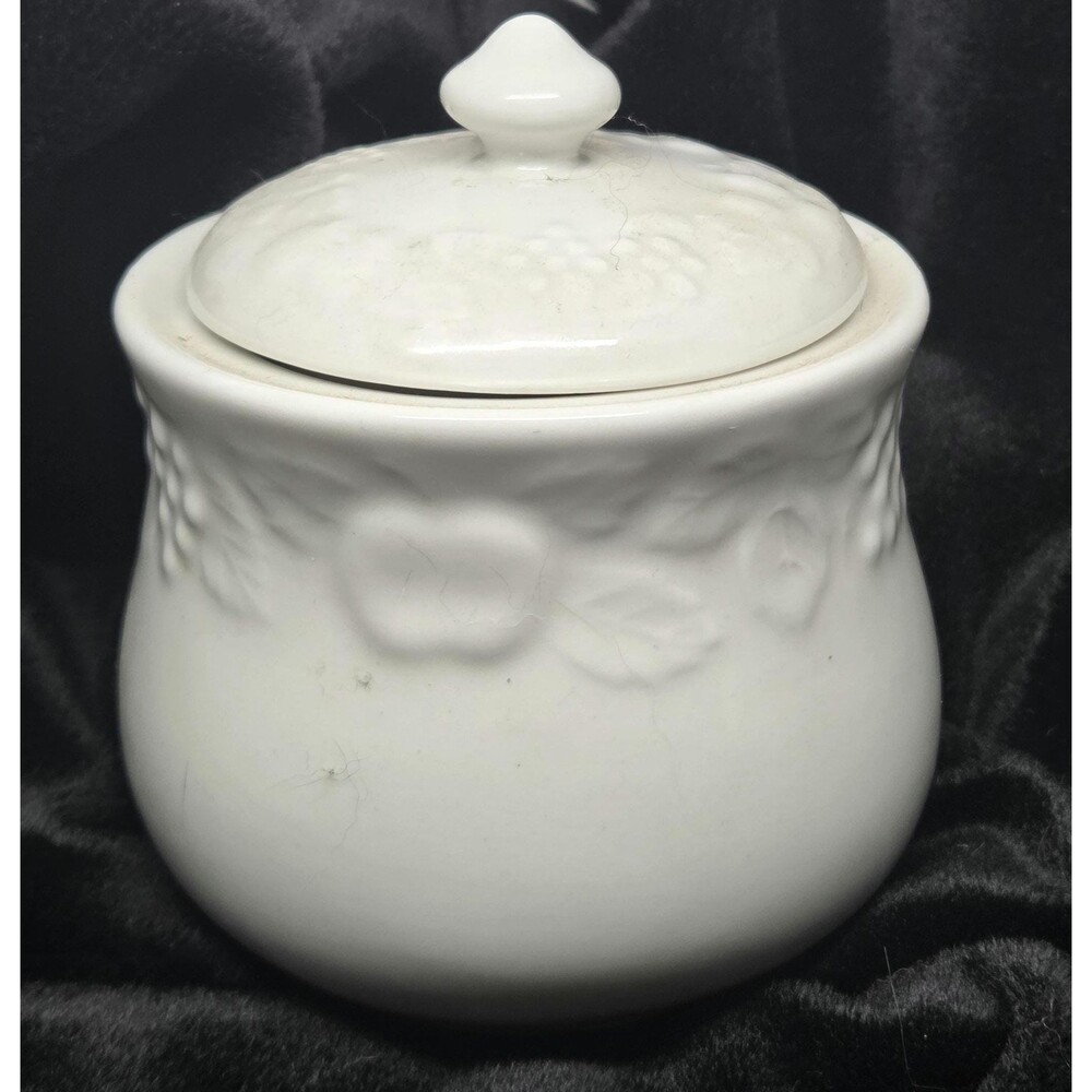 Vintage Gibson White Ceramic Sugar Bowl with Lid, Embossed Fruit Raised Grape Pa